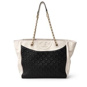 Tory Burch Fleming Soft Chain Tote Black Ivory Quilted Leather Gold Chain